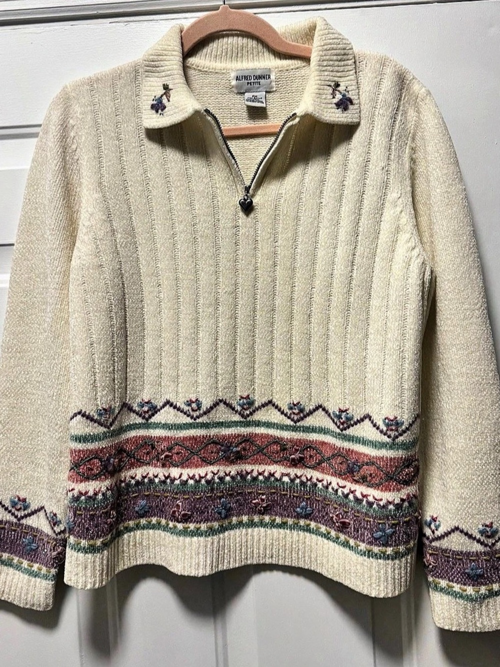 Vintage Alfred Dunner Embroidered Quarter-Zip Sweater Heart Pull Y2K